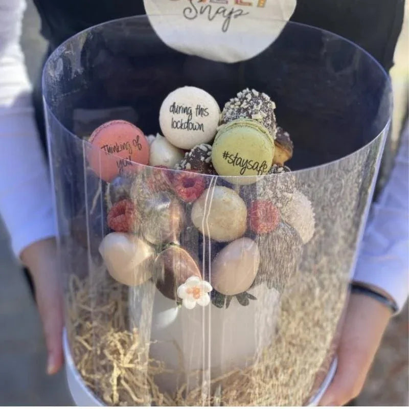 - Chocolate-dipped-strawberries-with-personalised-Macarons -- Sweet Snap Sydney