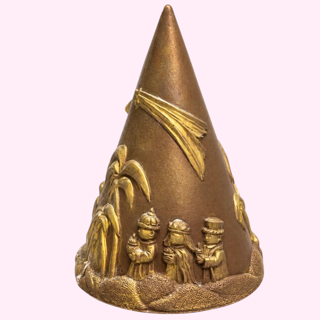 Gold chocolate Christmas cone featuring the Nativity scene