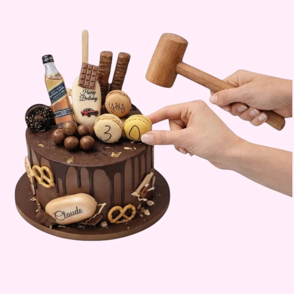 Sweet Snap Sydney chocolate birthday smash cake with macarons, cakesicles, mini liquor bottle, and personalized name plaque.