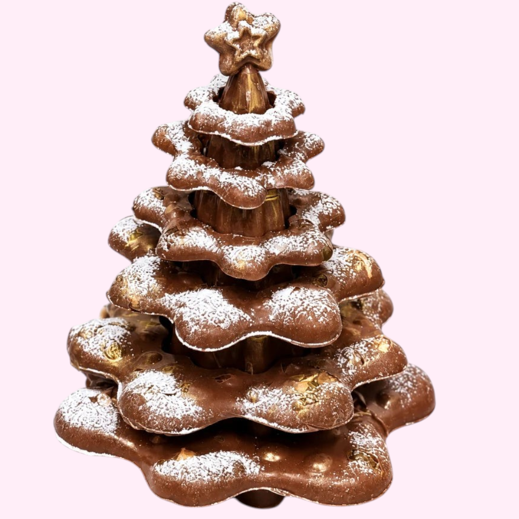 Snow-dusted chocolate Christmas tree with gold decorations, handmade in Sydney