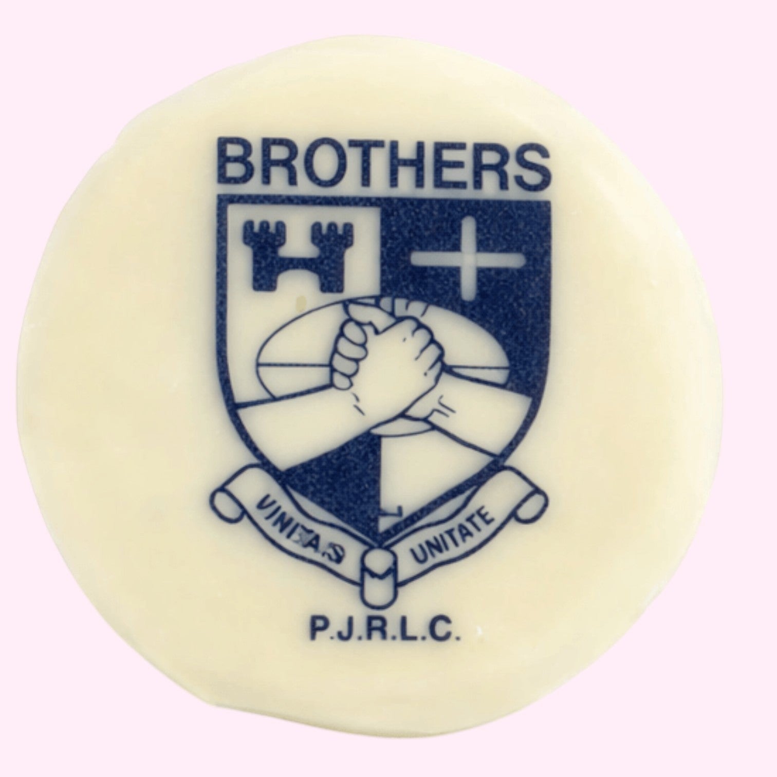 Sweet Snap Sydney customisable white chocolate disc with blue Brothers P.J.R.L.C. crest and motto.