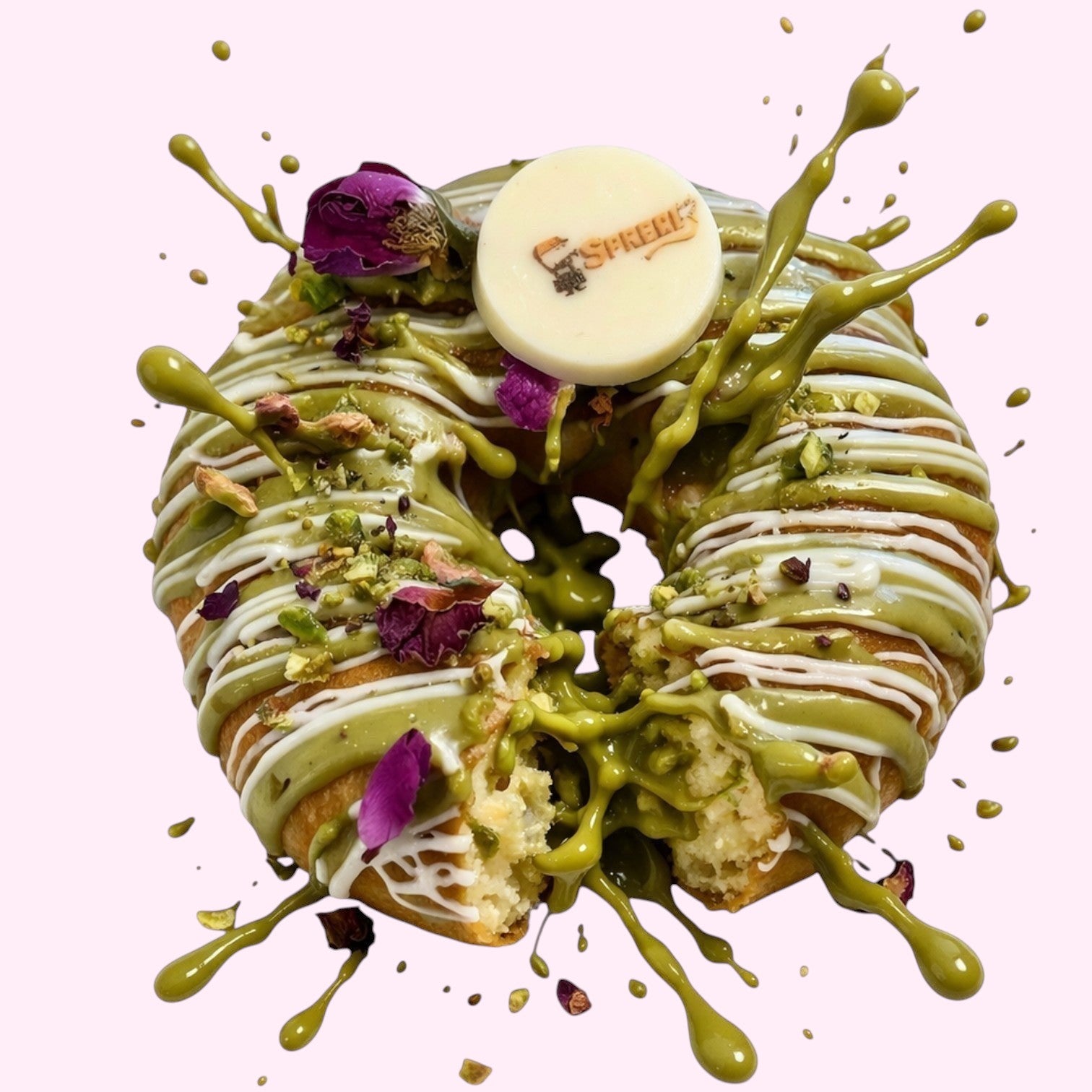 Sweet Snap Sydney customised donut with pistachio glaze, white chocolate drizzle, edible flowers, and personalised chocolate disc.