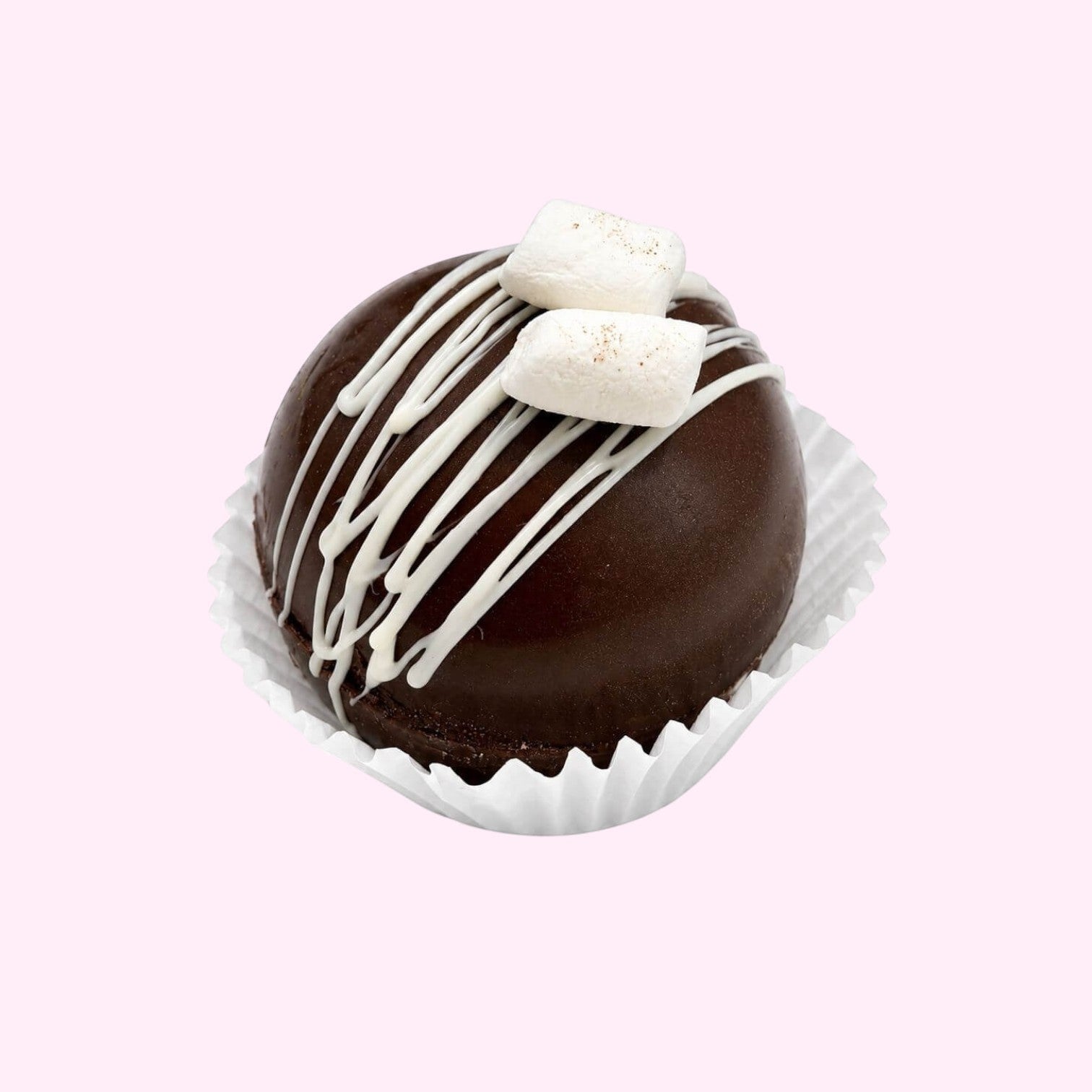 Sweet Snap Sydney dark chocolate hot chocolate bomb with white chocolate drizzle and mini marshmallows.