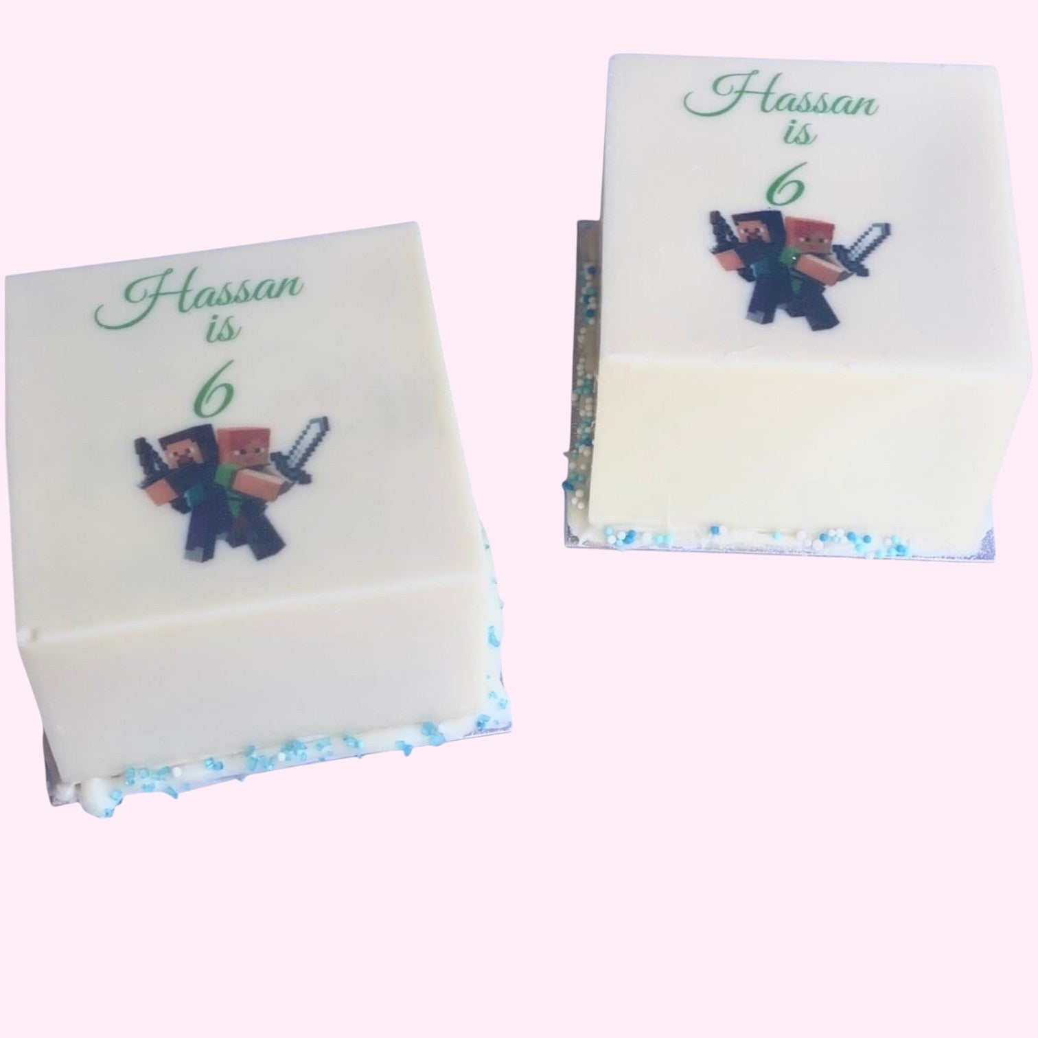 Sweet Snap Sydney white square smash cake with custom Minecraft print for a 6th birthday, featuring a personalized message.