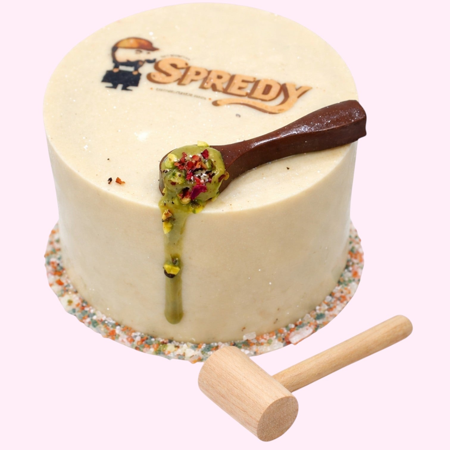 Sweet Snap Sydney personalised round smash cake with custom logo and chocolate spoon topping