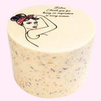 Sweet Snap Sydney round smash cake with 'Rosie the Riveter' graphic and inspirational quote. Speckled vanilla frosting.