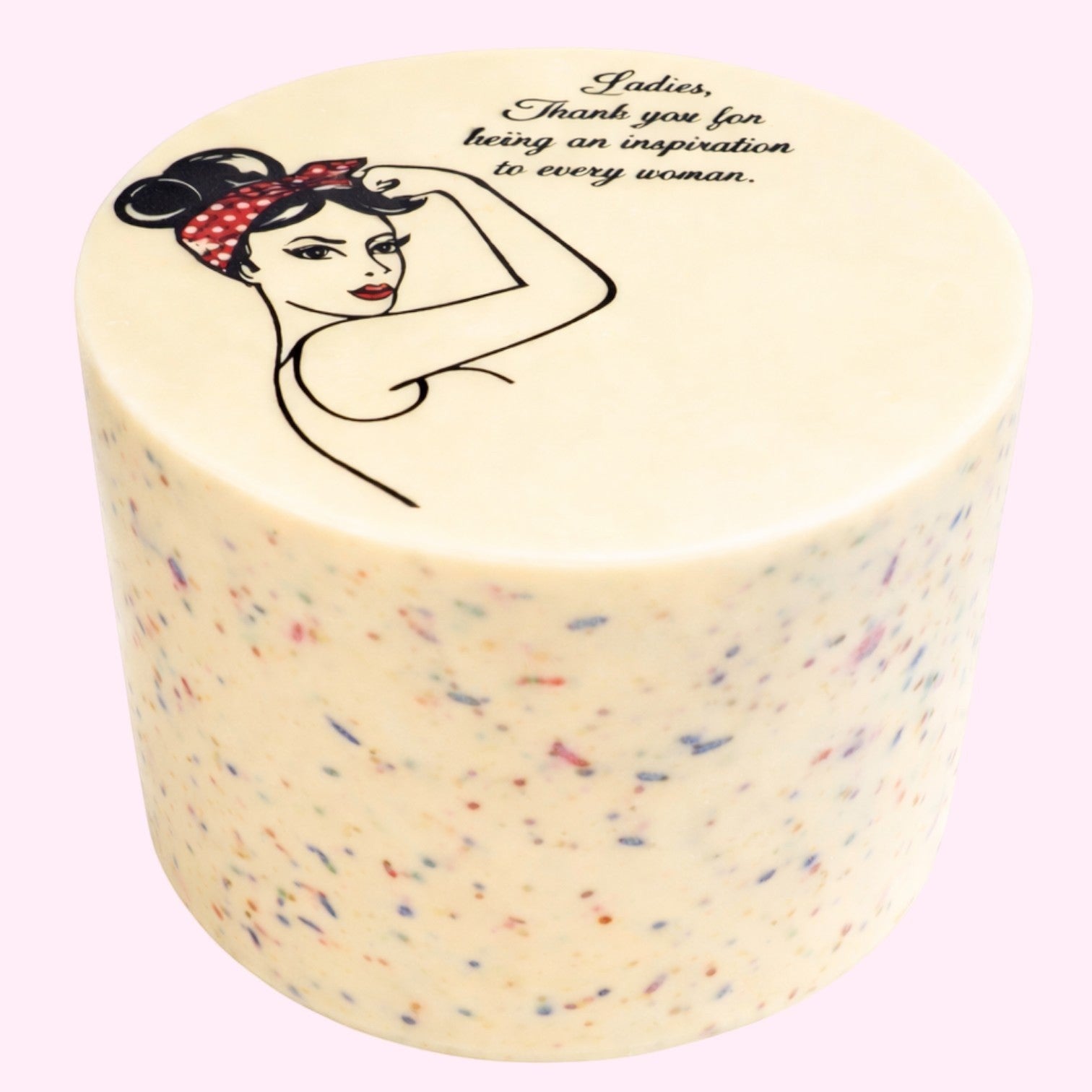 Sweet Snap Sydney round smash cake with 'Rosie the Riveter' graphic and inspirational quote. Speckled vanilla frosting.