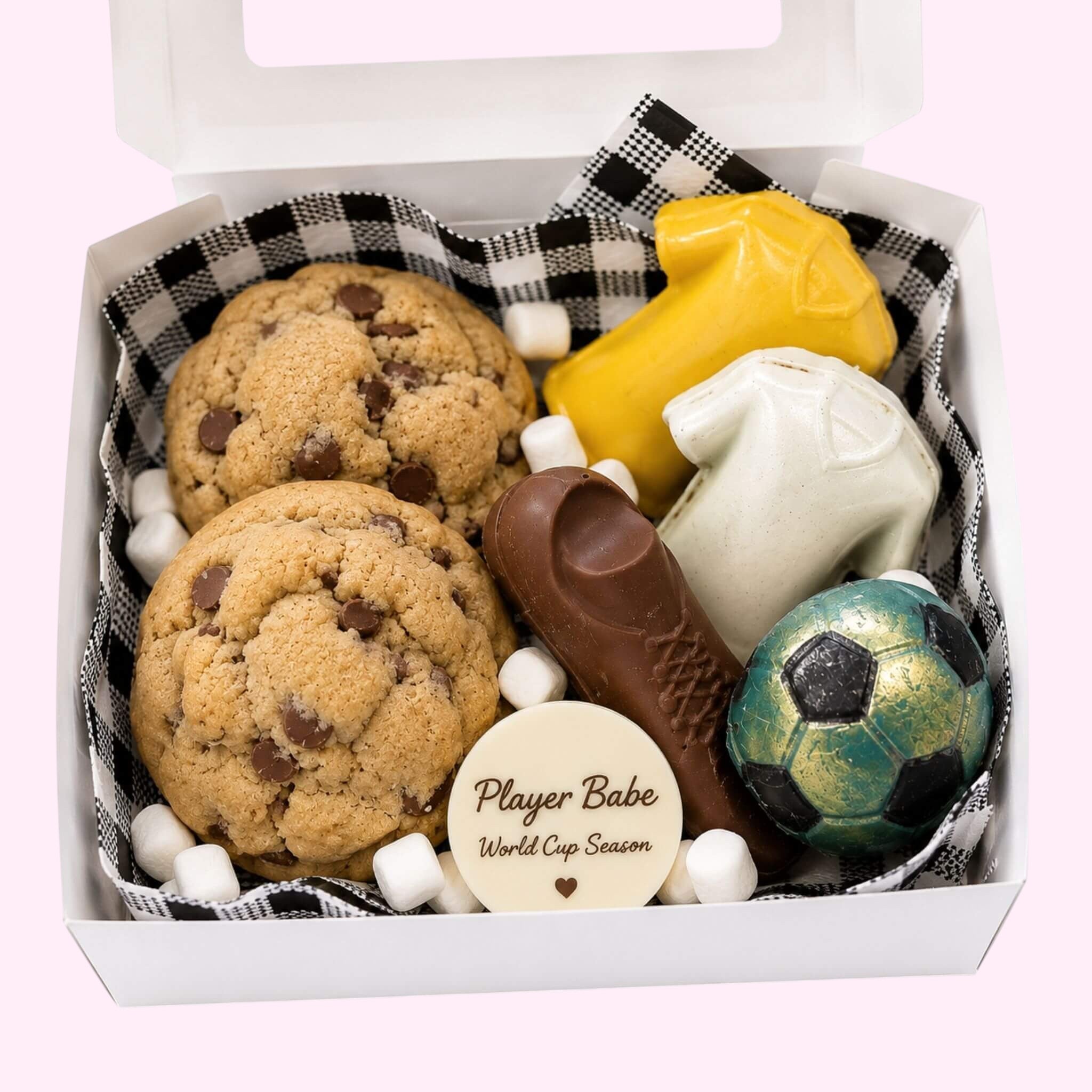 Sweet Snap Sydney soccer-themed chocolate gift box with chocolate chip cookies, soccer ball, jersey, and shoe chocolates, and marshmallows.
