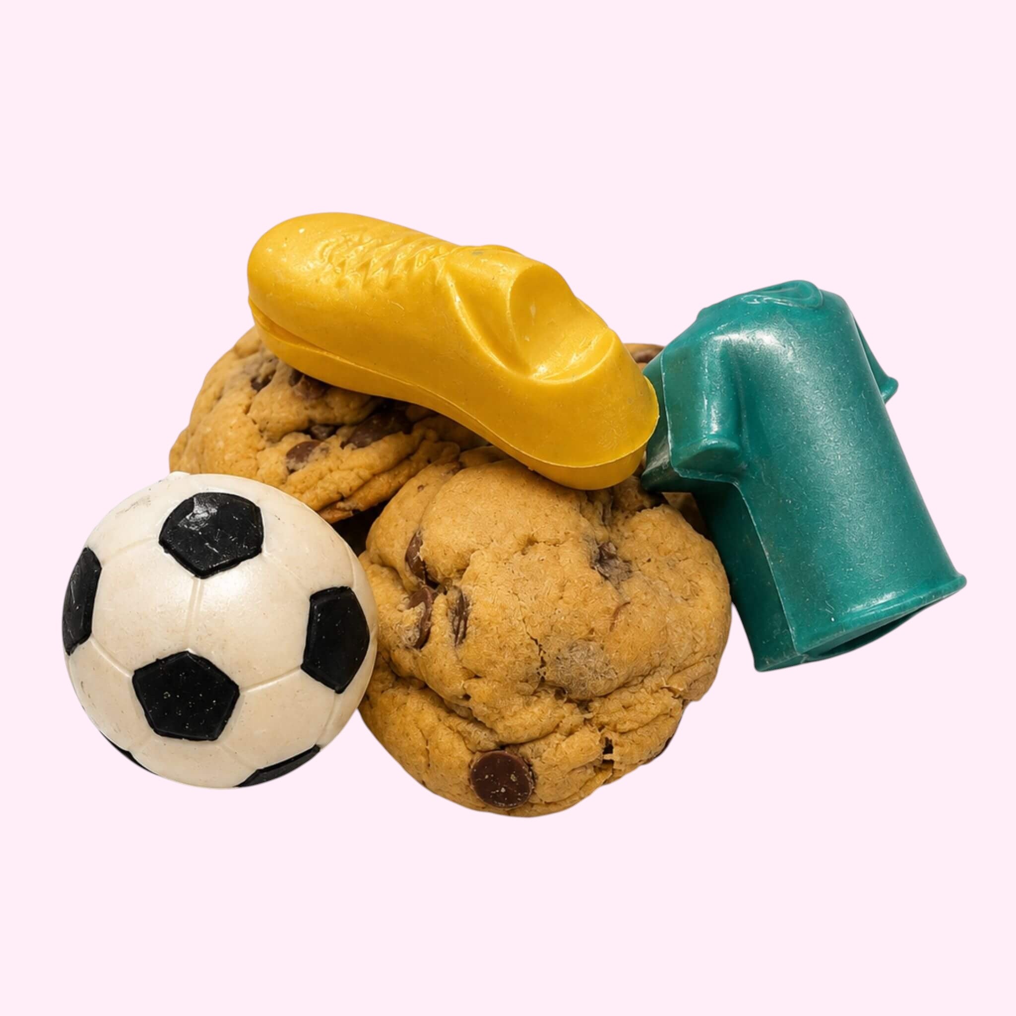 Sweet Snap Sydney chocolate chip cookies with soccer-themed chocolate molds: a soccer ball, a yellow shoe, and a green jersey.