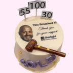 Sweet Snap Sydney custom round cake with a photo, 'You Smashed It! Thank you for your support' text, Starlight Children's Foundation logo, gavel, and 'SOLD' icing.